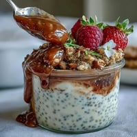 Zesty lemon chia pudding layered with crunchy granola and tangy raspberry compote in a parfait glass.  