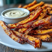 Crispy air fryer sweet potato fries with creamy chipotle aioli dip.