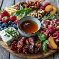 Vibrant summer charcuterie board with fresh fruit, honey, and cheeses.