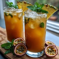 Tropical Sunrise Mocktail with vibrant passionfruit and orange layers.