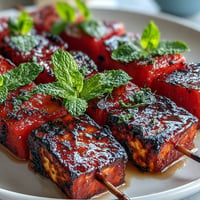 Grilled halloumi watermelon skewers bursting with fresh mint and char marks.
